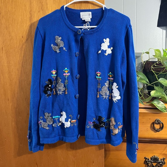 Just B Sweaters - Vintage Just B Embroidered Blue Poodle “Ugly” Size Medium Sweater Cardigan